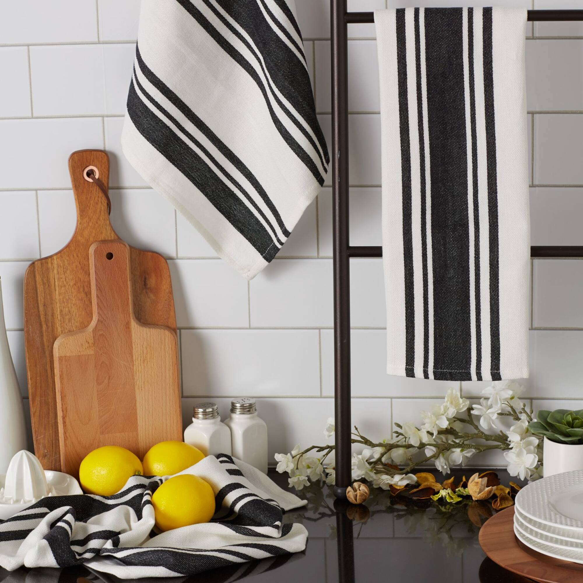 DII® Black Chef Stripe Dish Towels, 3ct.
